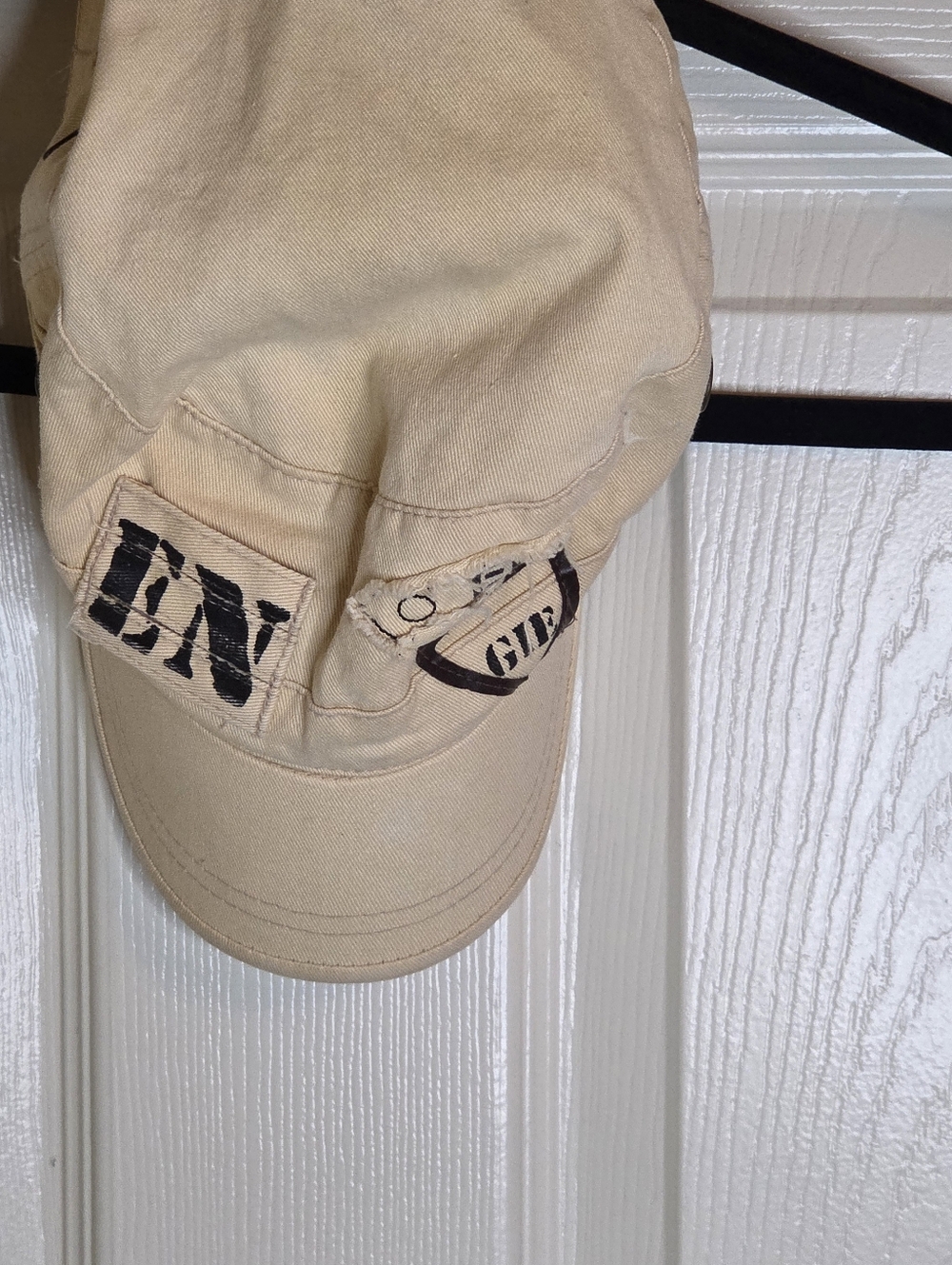 Vtg Perigee Beige Cotton Logo Patch FlatTop Velcro Lettering CadetArmy Style Cap